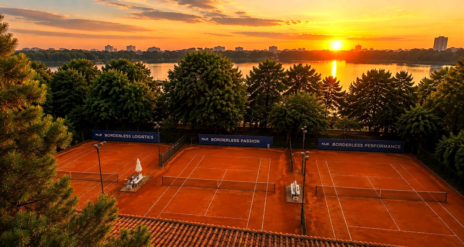 Apus de soare peste terenurile de zgură ale Tennis Club by the Lake, pe malul Lacului Herăstrău